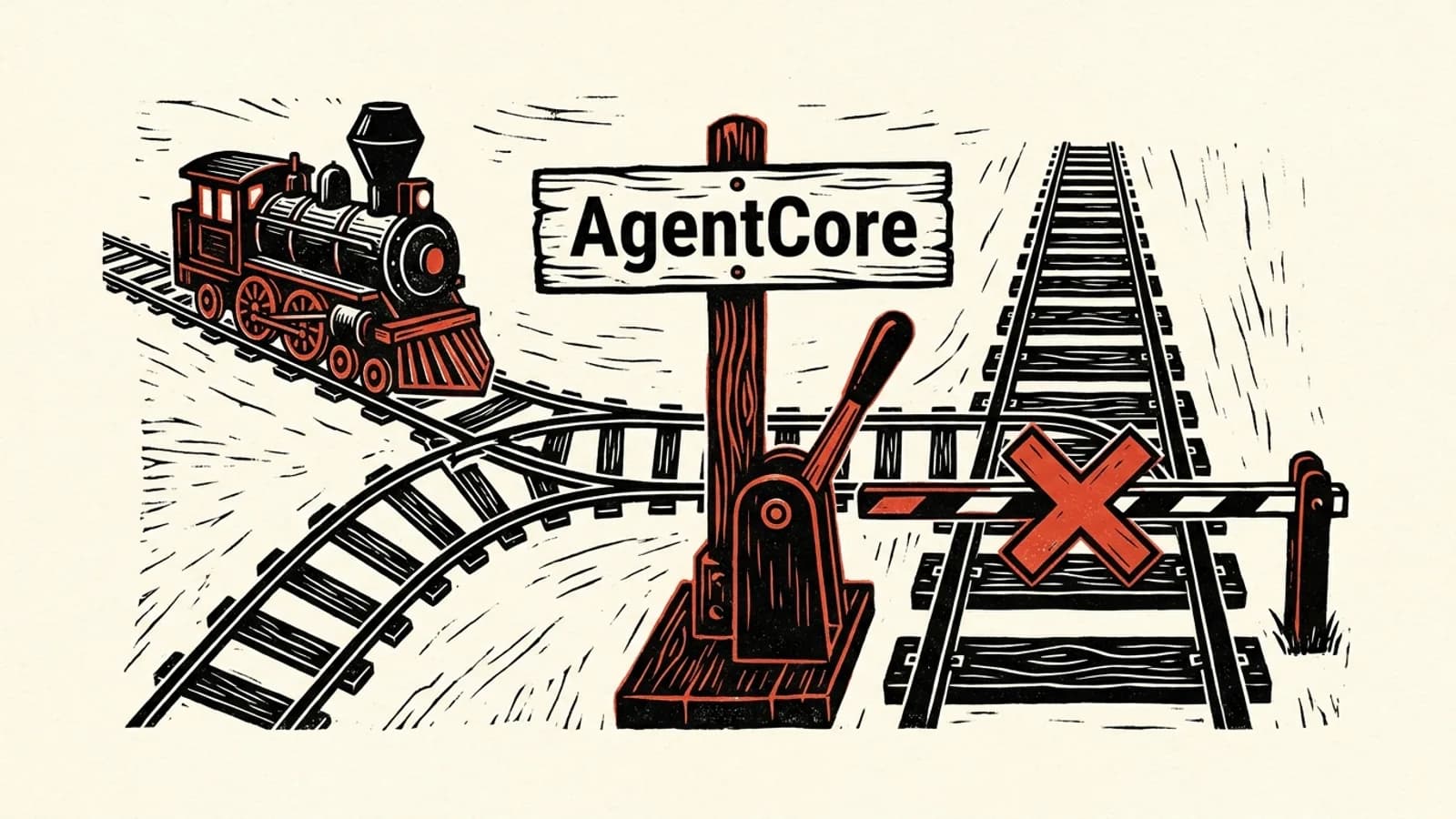 A lever beside a sign reading AgentCore switches a steam locomotive away from a barred, blocked track onto a second line