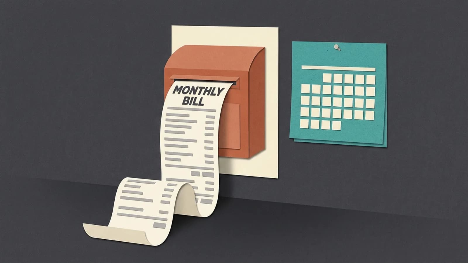 A long receipt headed MONTHLY BILL spills from a mailbox beside a wall calendar: what an AI agent costs to run per month
