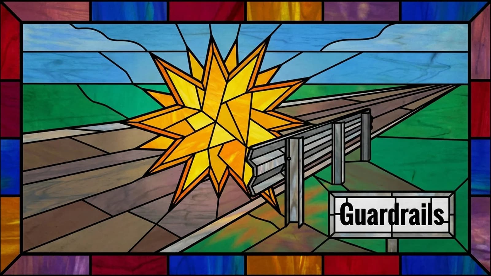 A spiky speech bubble stopped against a road guardrail, with a roadside sign reading Guardrails