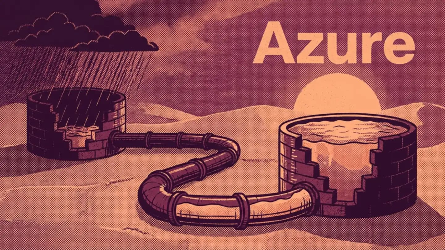 2 brick reservoirs joined by a pipeline, a storm over the first while the second stays full, labelled Azure