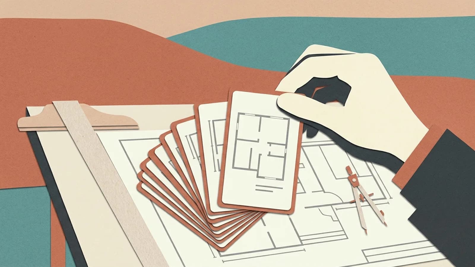 Paper-cut picture of a hand drawing one card printed with a floor plan from a fanned deck on a drafting table