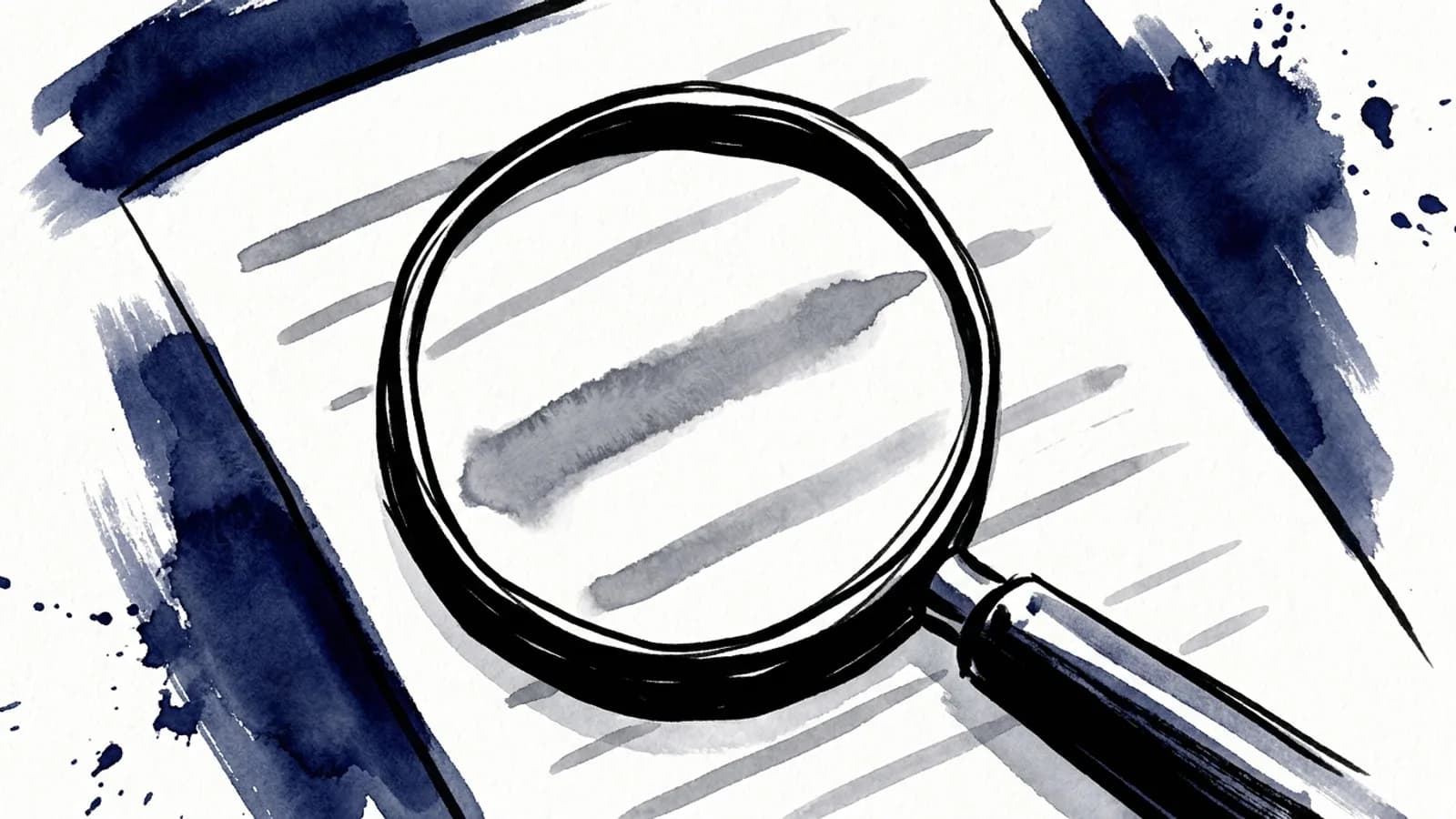 Ink-wash drawing of a magnifying glass over a printed page, enlarging a single line