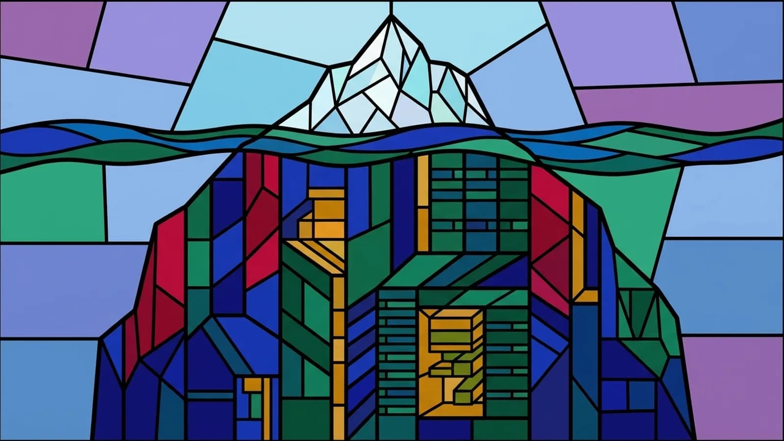 Stained-glass iceberg with a small white tip above the waterline and a much larger mass of coloured blocks below it