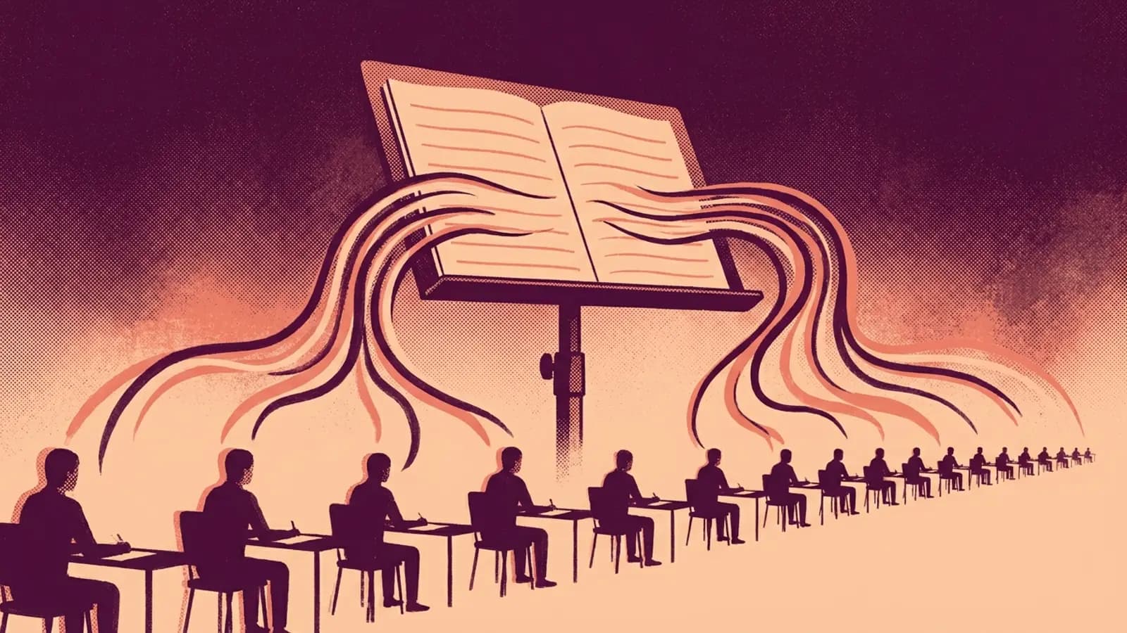 A score on a music stand sending lines out to a long row of people working at desks at the same time