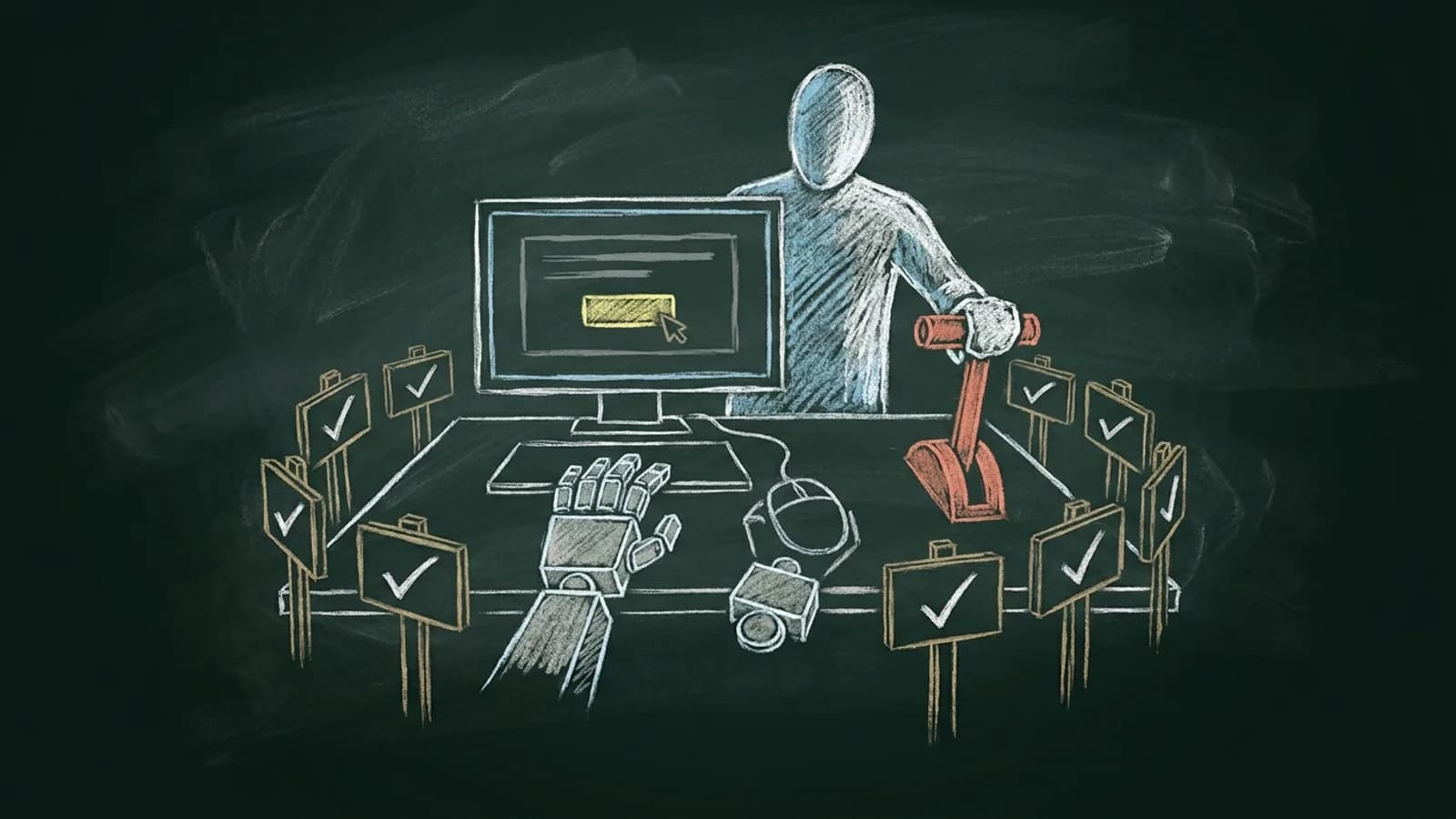 A robot hand works a mouse at a monitor while a person holds a red stop lever, inside a fence of approved signposts