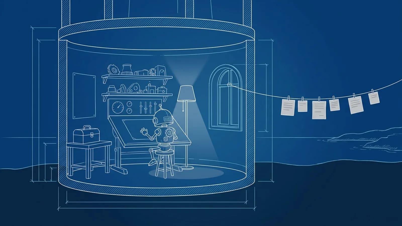 Blueprint of a robot at a drafting desk inside a sealed round room, notes leaving on a line through the window