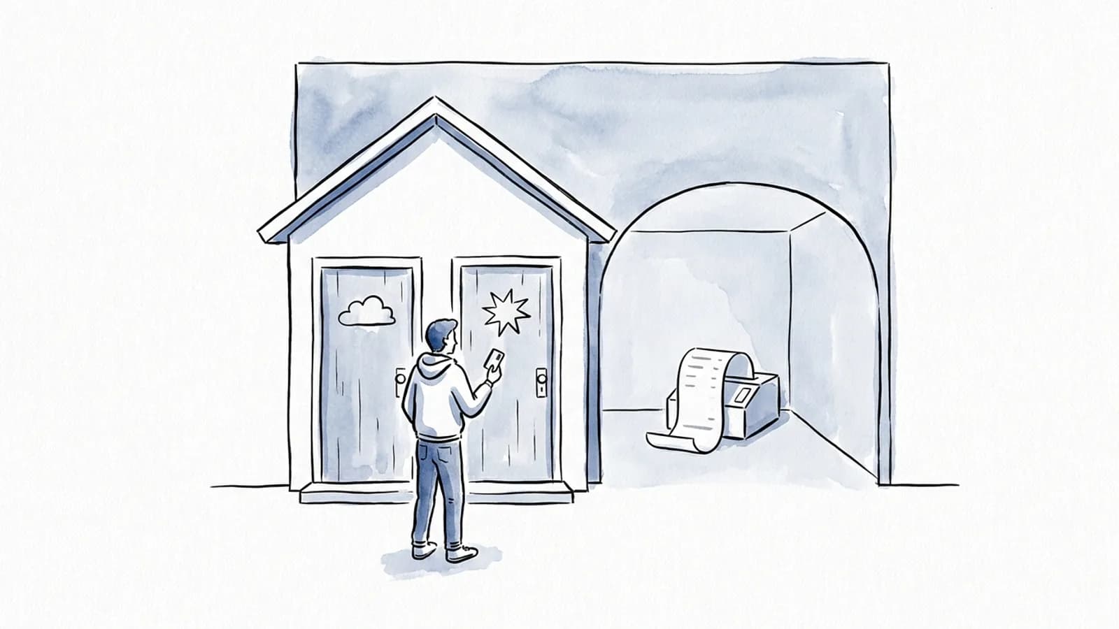 A developer with one keycard faces two doors, one marked with a cloud and one with a star, beside a printer issuing one receipt