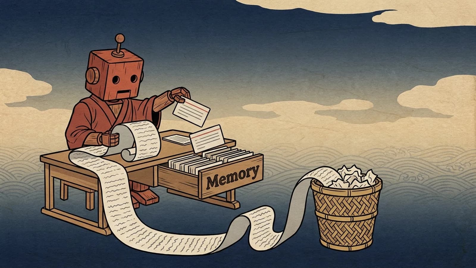 Woodcut of a wooden robot filing cards from a long conversation scroll into a drawer marked Memory, the rest trailing into a wastebasket