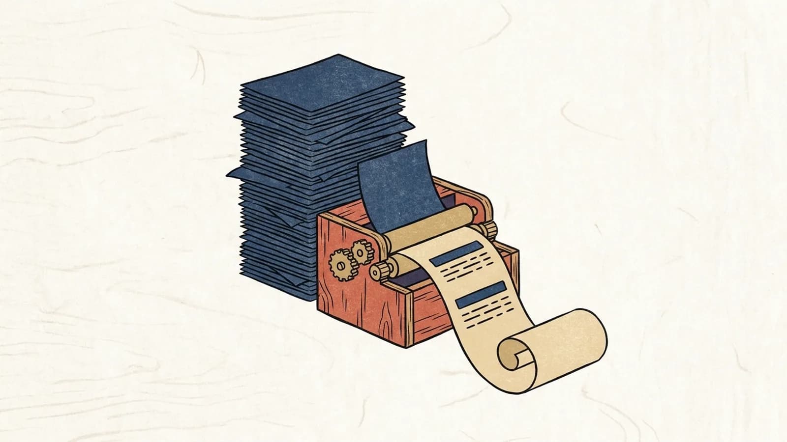A stack of invoices fed into a small machine that prints a long receipt, for the cost of Databricks AI functions