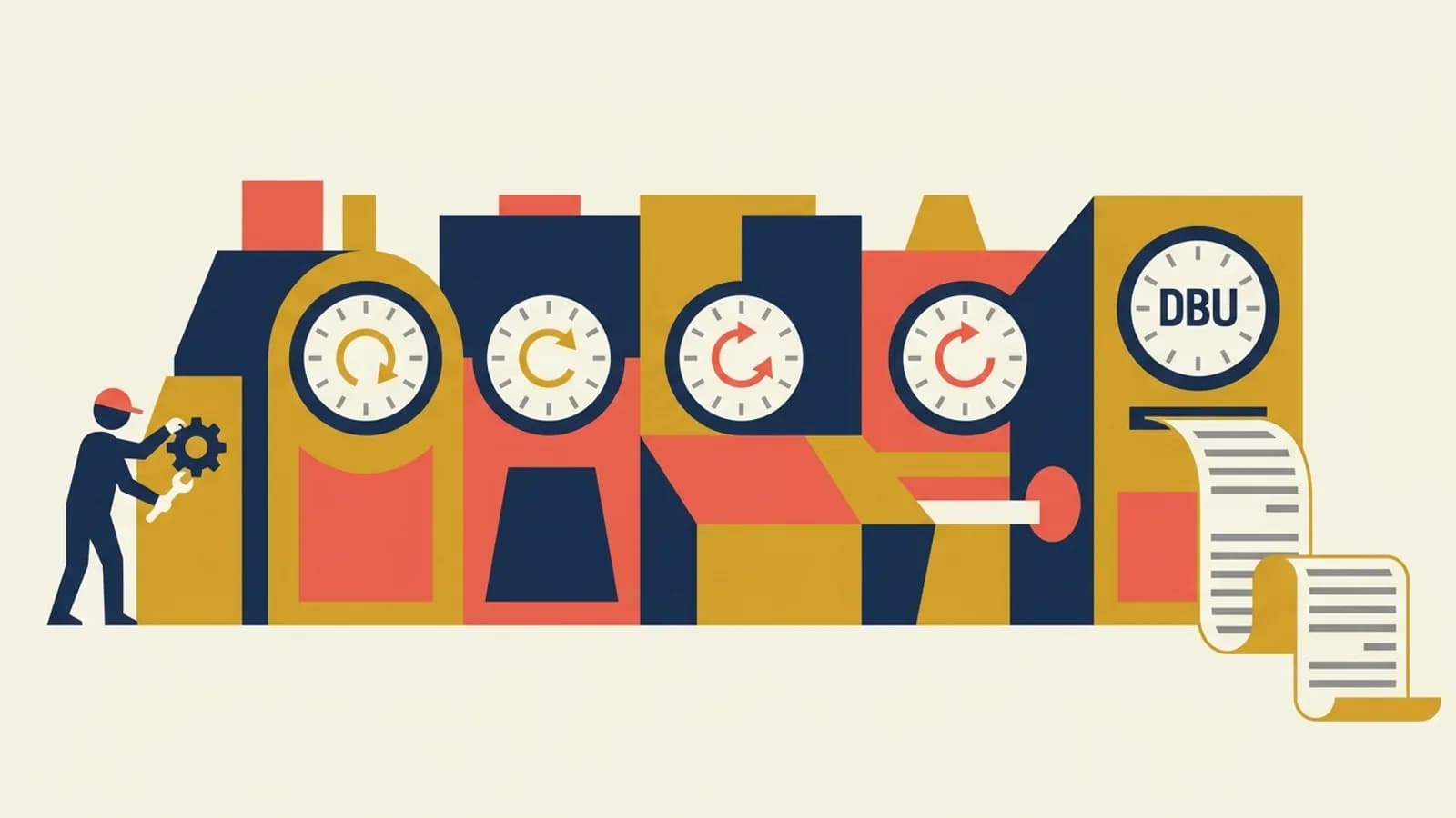 A row of idle machines with spinning meters, one marked DBU, pours out a long invoice while one worker is busy: why a Databricks bill runs high