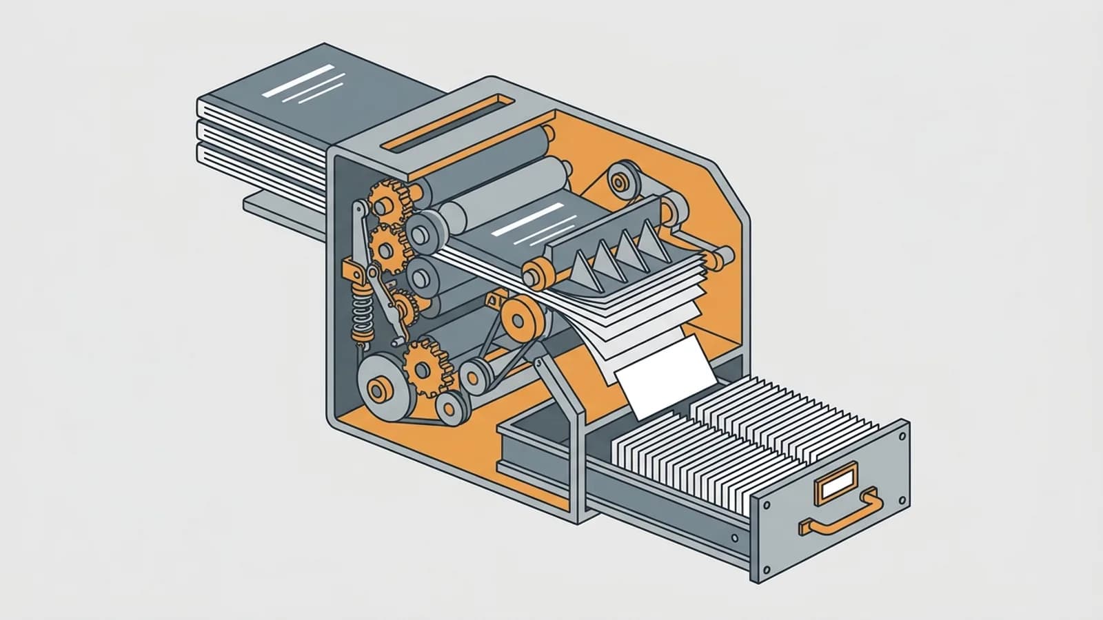 Cutaway drawing of a machine that takes in a stack of manuals and cuts the pages into cards, which fill an open card-catalogue drawer