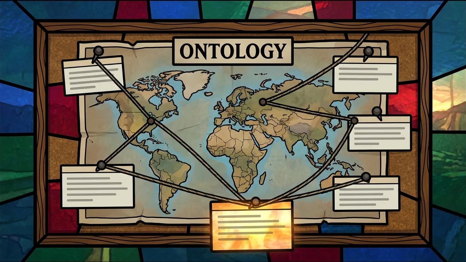 A map titled Ontology with strings linking note cards to places, one card glowing, for the Databricks Genie Ontology