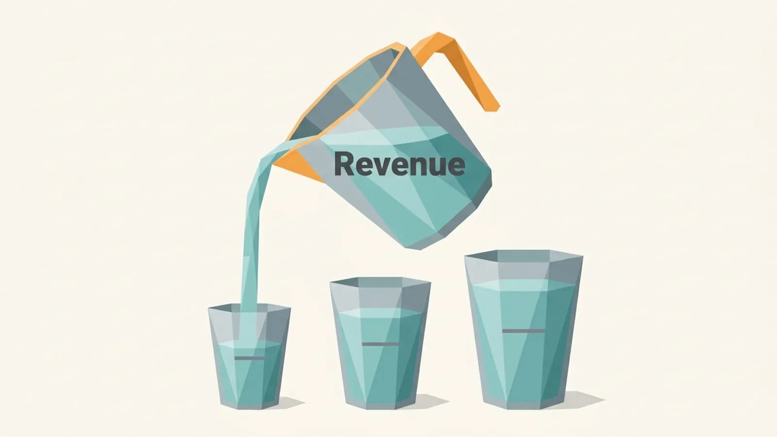 A jug marked Revenue pouring into 3 glasses of different sizes, each filled to its mark, for Databricks metric views