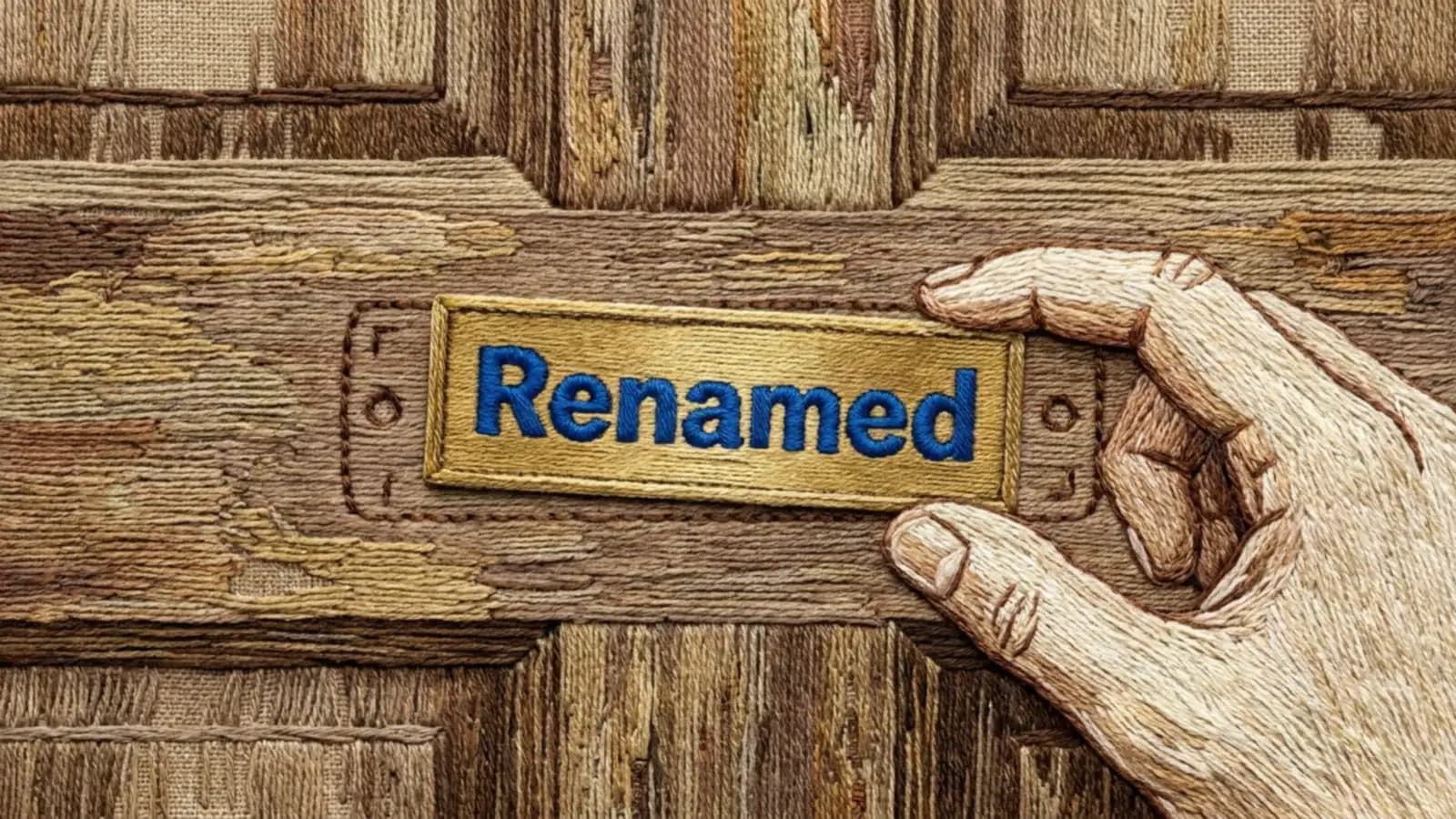 An embroidered hand fixing a new brass nameplate reading Renamed to a wooden door, for Databricks' renamed products