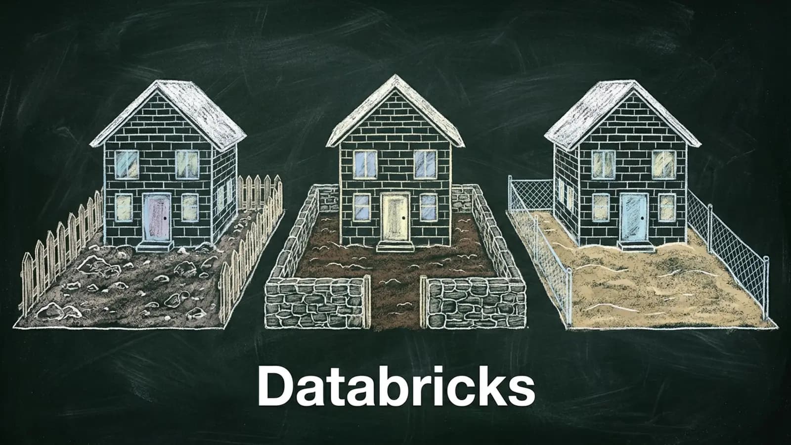 Chalk drawing of the same brick house on 3 plots with different soil and fences, above the word Databricks