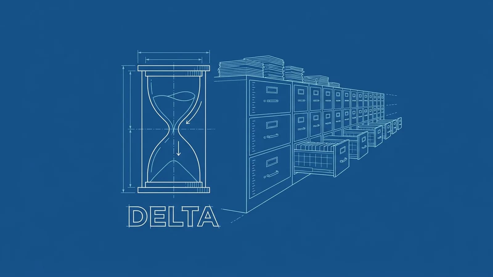 Blueprint of an hourglass beside a long row of filing drawers, the far ones empty, labelled Delta