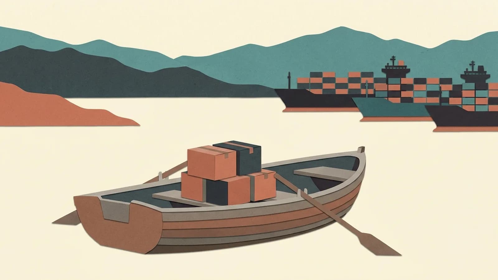 A rowing boat with a few crates crosses a lake while container ships load on the far shore: DuckDB on one machine against a Spark cluster