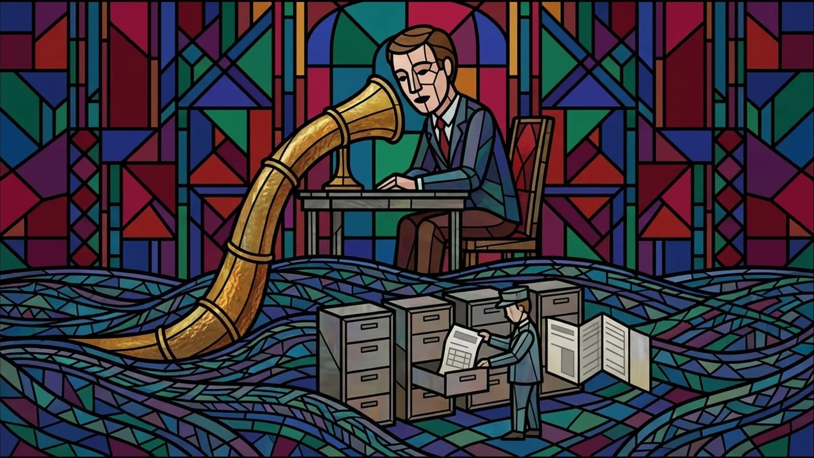 A man asks a question into a brass tube; below, in a lake of data, a clerk pulls one short slip from a row of filing drawers