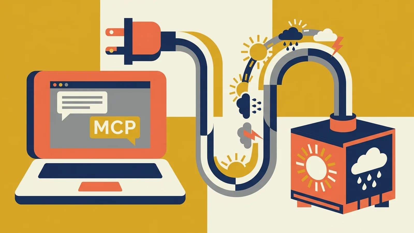 A laptop chat window plugged by a long cable into a small server box with sun and rain symbols: a weather MCP server connected to an AI app
