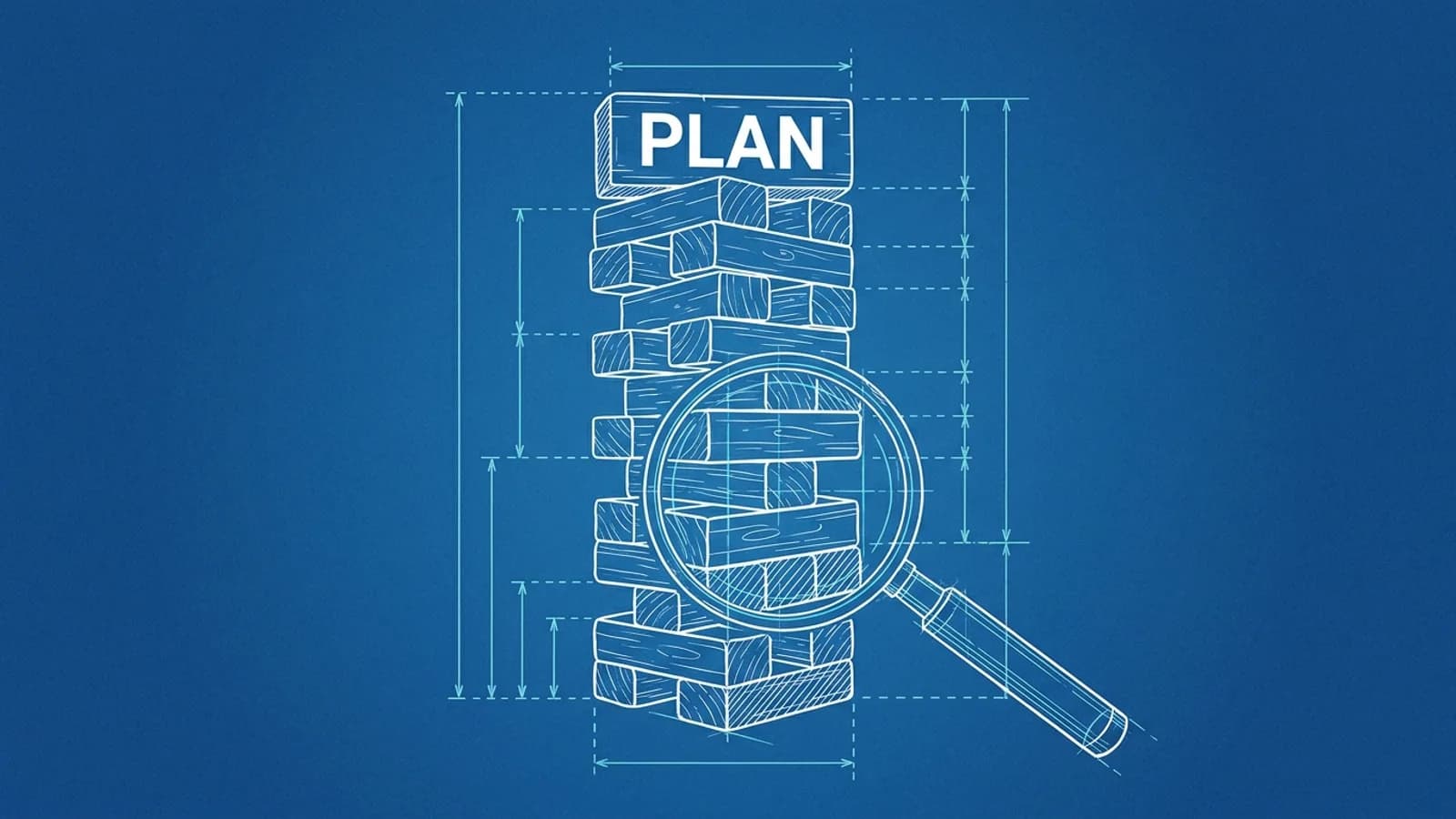 A blueprint of a tower of blocks read bottom up through a magnifying glass, the top block marked PLAN: reading a Spark physical plan