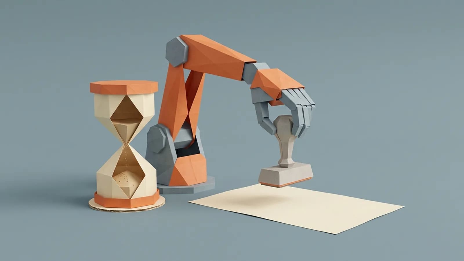A paper robot arm holds a rubber stamp still above a blank sheet beside an hourglass: an AI agent paused until a person approves
