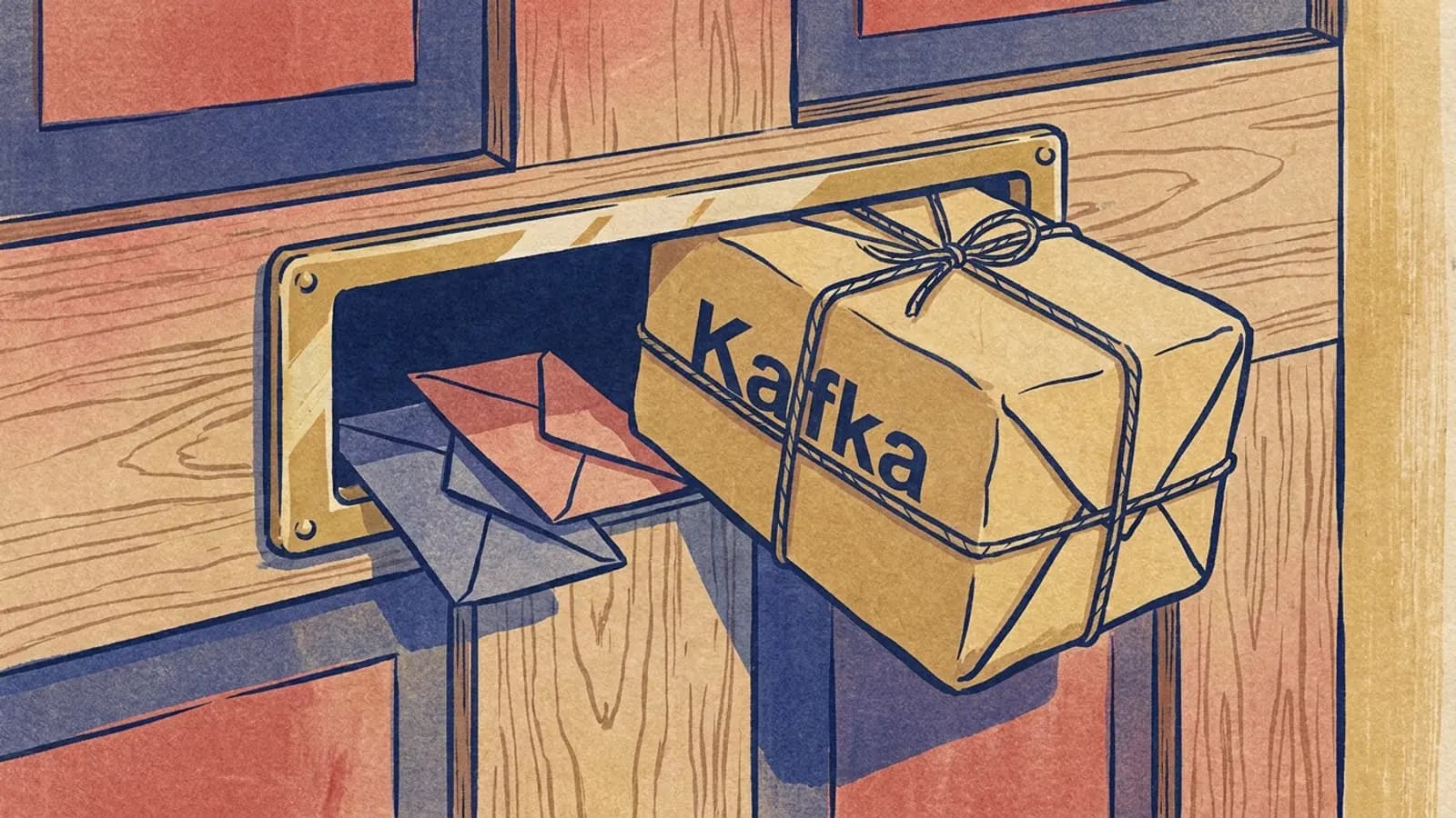A mail slot with an envelope passing through and a parcel marked Kafka stuck, too big to fit