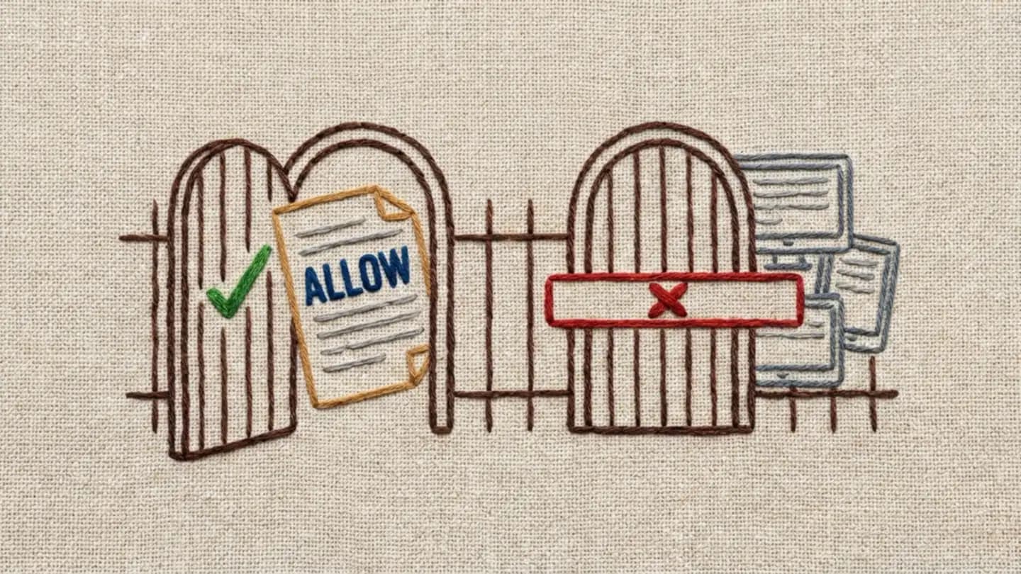 An embroidered fence with one open gate letting a page marked ALLOW through and one gate barred shut, as an agent reads only allowed sites