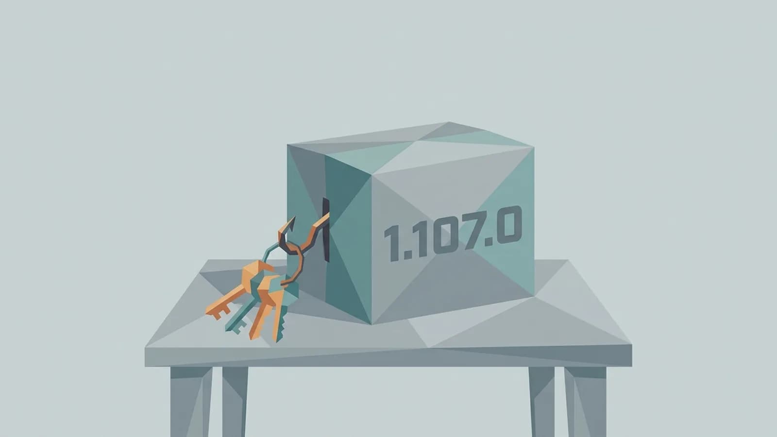 A hook reaches out of a software box marked 1.107.0 and pulls out a ring of keys, showing the poisoned LiteLLM release stealing credentials
