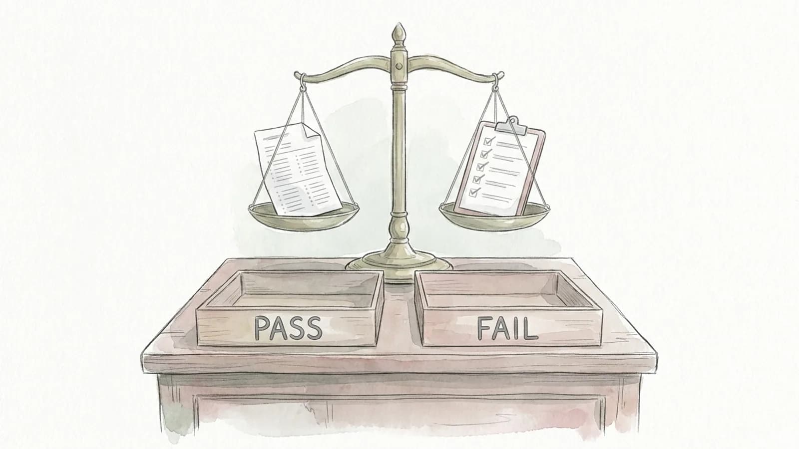 A balance scale weighs an answer sheet against a checklist above trays marked PASS and FAIL: an LLM as a judge grading with a rubric