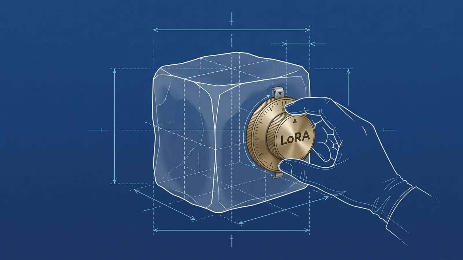 A hand turning a small dial marked LoRA clipped onto the side of a large block of ice