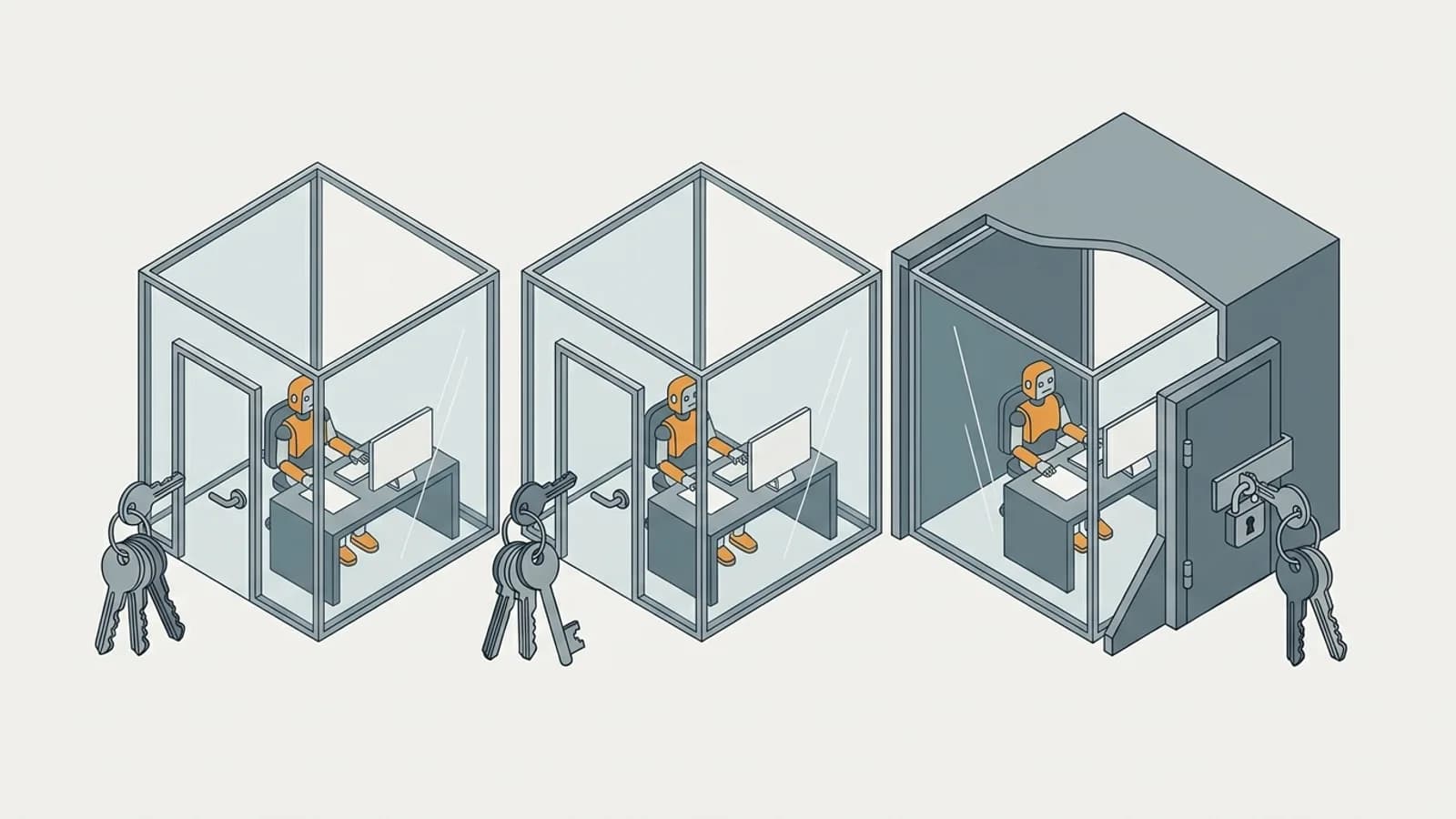 Three robots working at desks in three glass rooms, each with its own ring of keys; the third room is built inside a locked vault