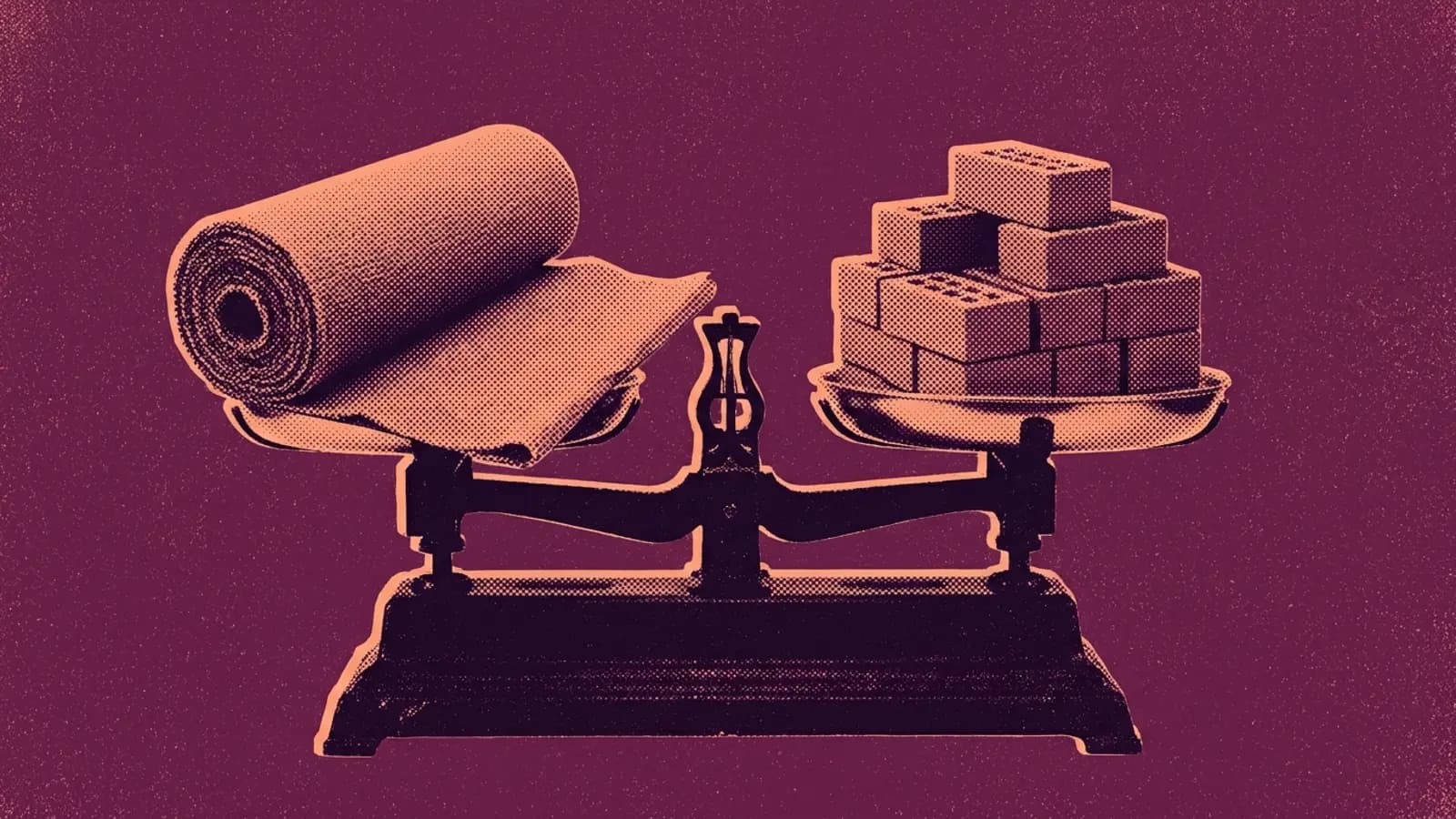 A balance scale with a roll of fabric on one pan and a stack of bricks on the other