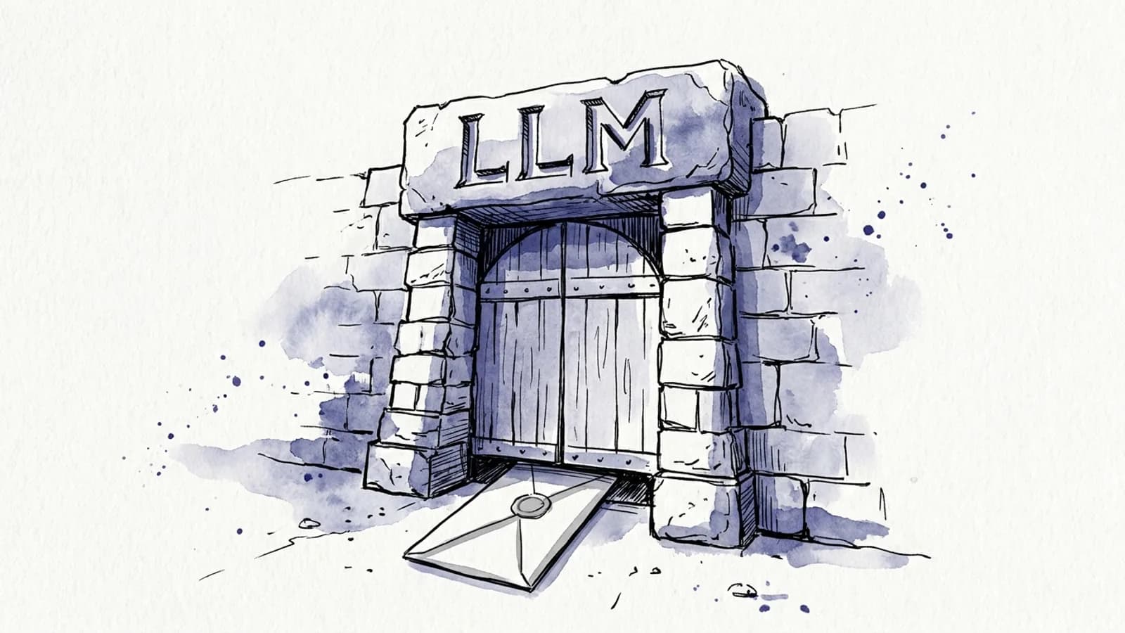 A sealed letter slipping under the door of a stone gate carved with the letters LLM