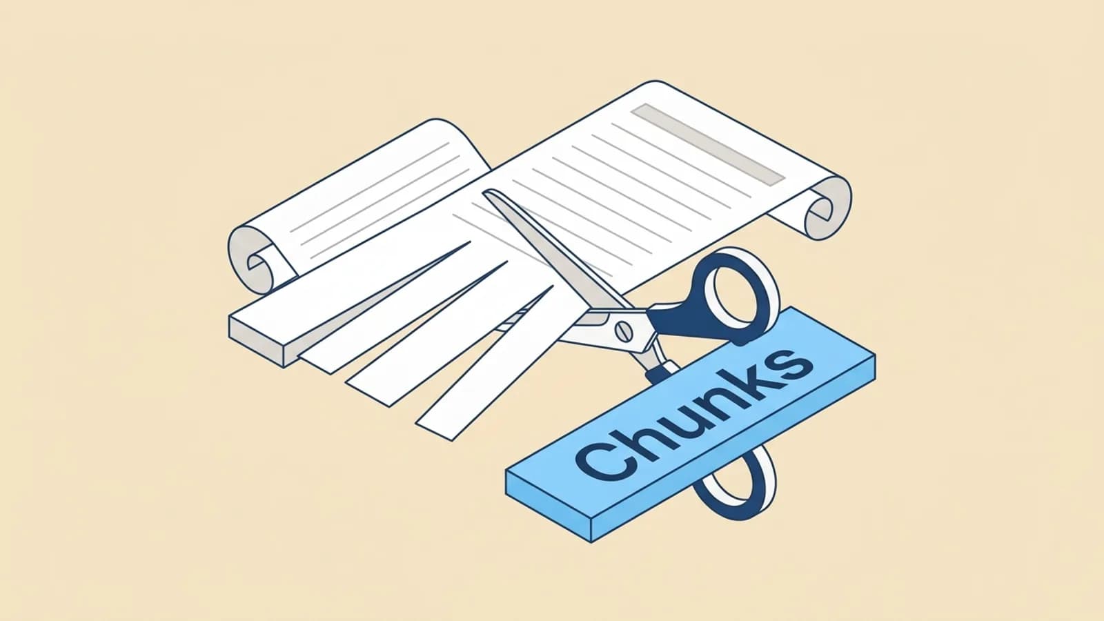 Scissors cut a long document into equal paper strips under a sign marked Chunks, showing text split into chunks for retrieval in RAG