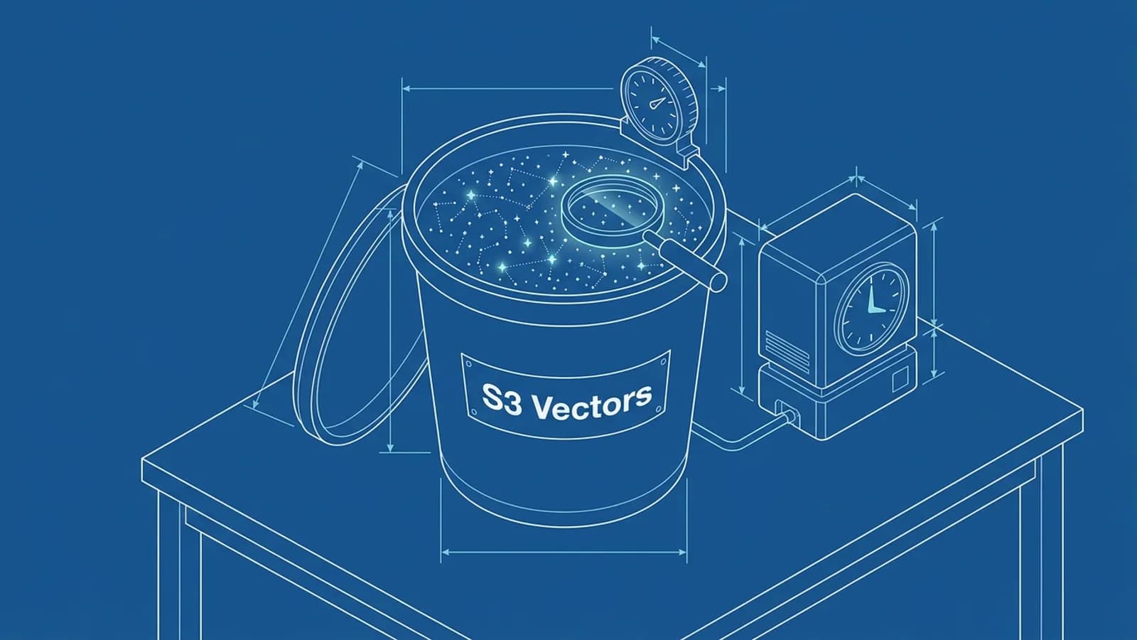 A bucket labelled S3 Vectors full of glowing points, a meter counting each sweep of a magnifier, beside a machine billed by the hour