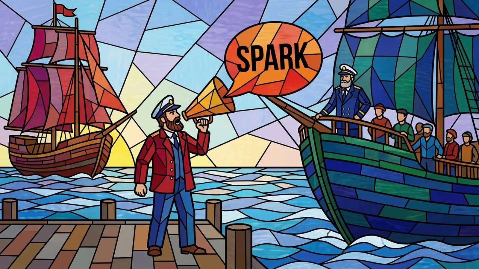 Stained glass of a captain on the dock shouting Spark orders to a ship while another captain stands aboard