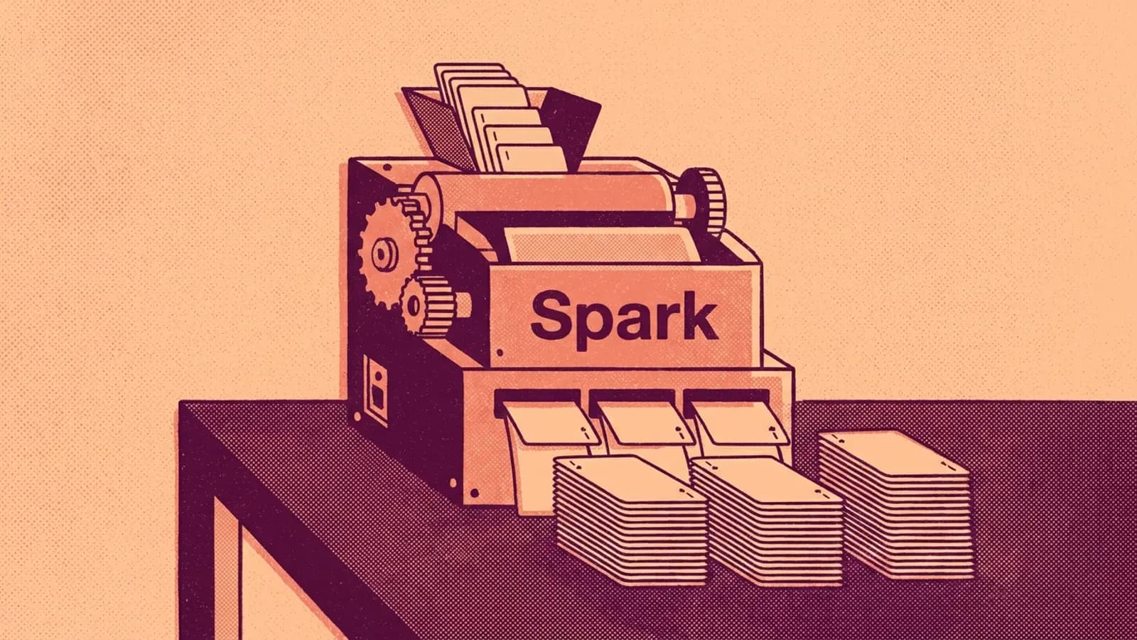 A Spark card-shuffling machine deals cards into equal piles on a table: Spark shuffling data into partitions