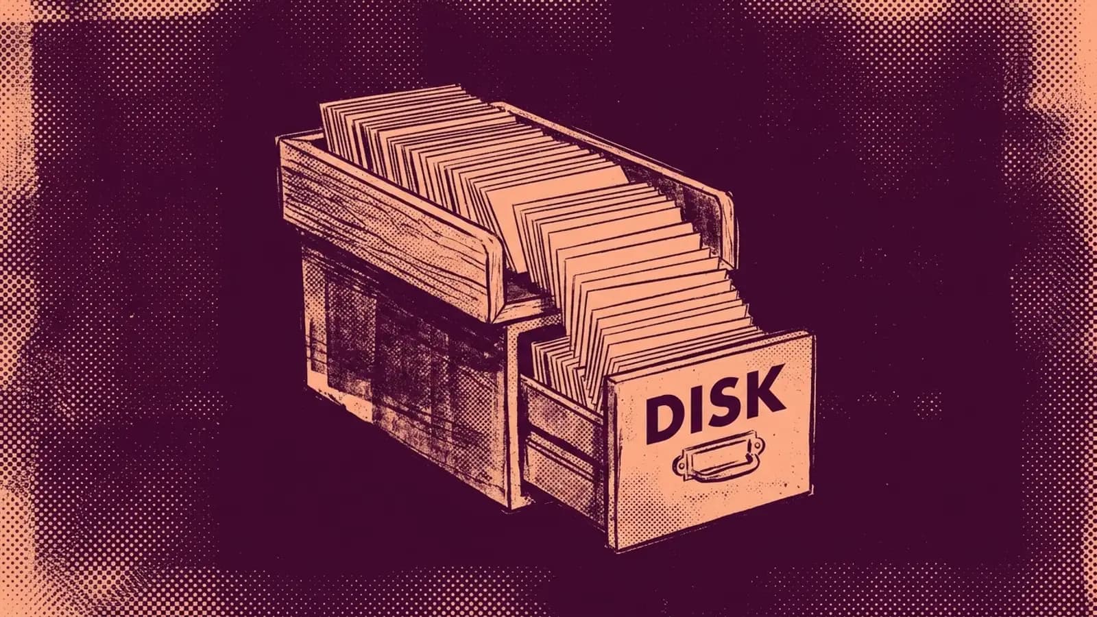A desk tray too full of cards, the extra ones filed into an open drawer marked DISK: Spark spilling data to disk