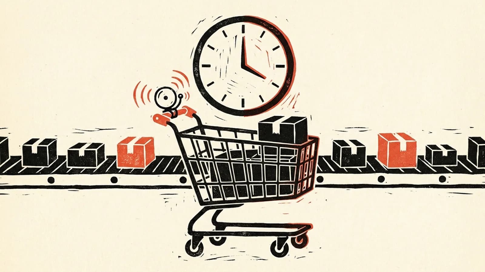A shopping cart's timer bell rings under a wall clock as parcels roll past: a transformWithState timer flagging an abandoned cart