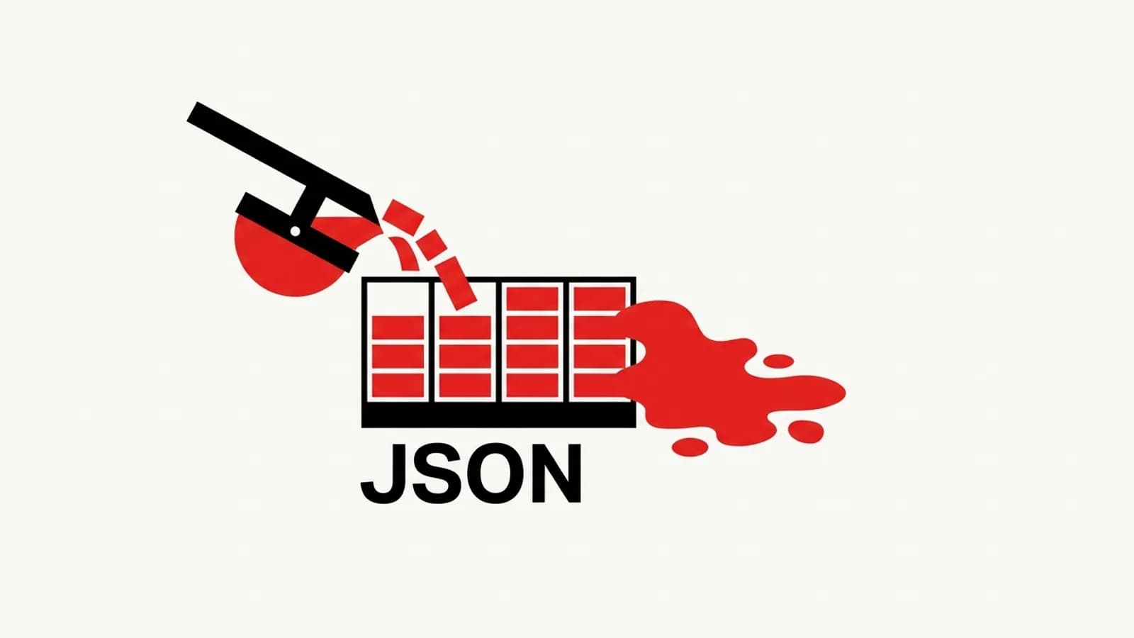Red liquid poured into a mould of neat compartments above the word JSON, with a spill beside it