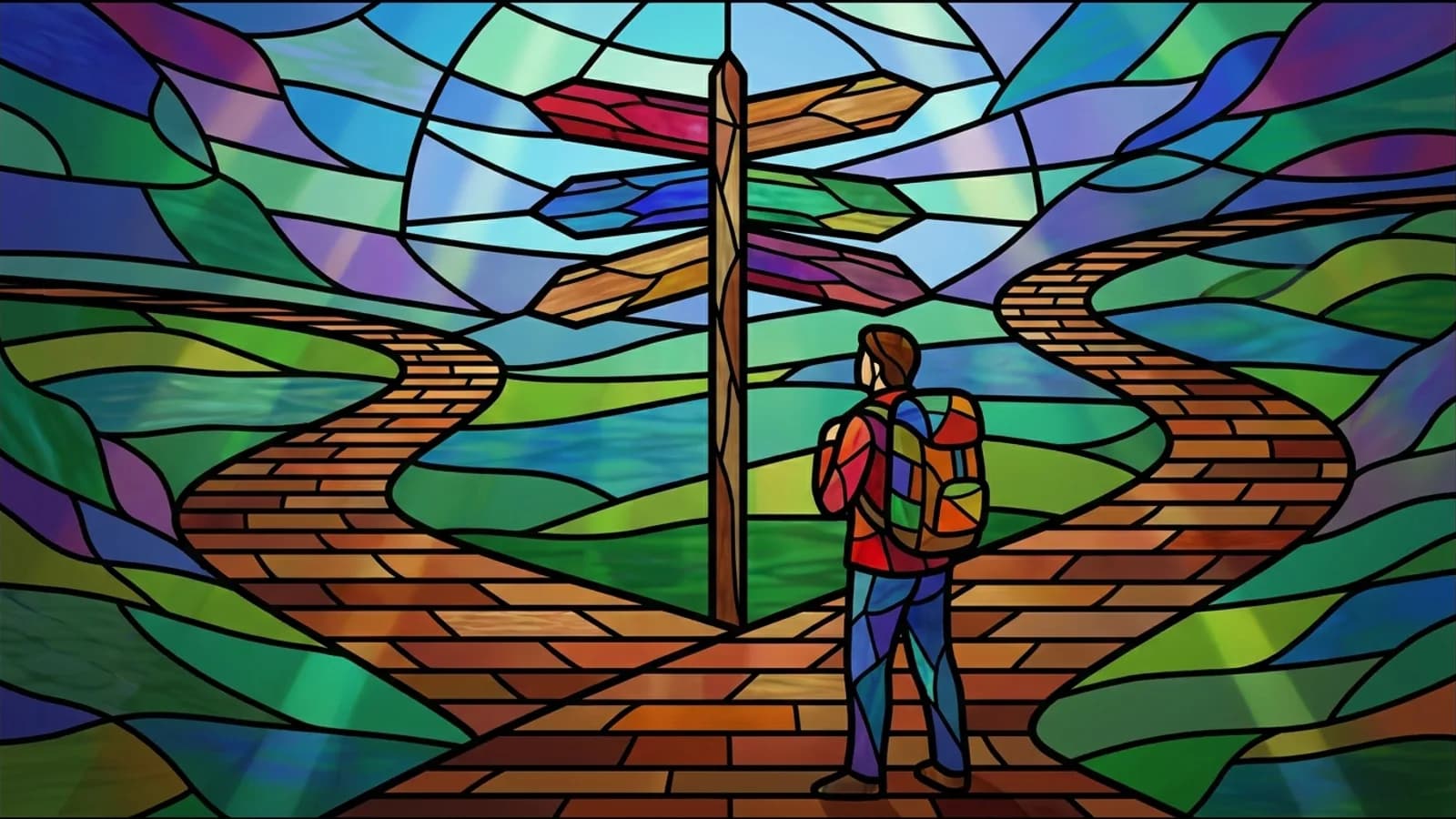 Stained glass of a hiker with a backpack at a signpost whose arrows point down winding brick paths