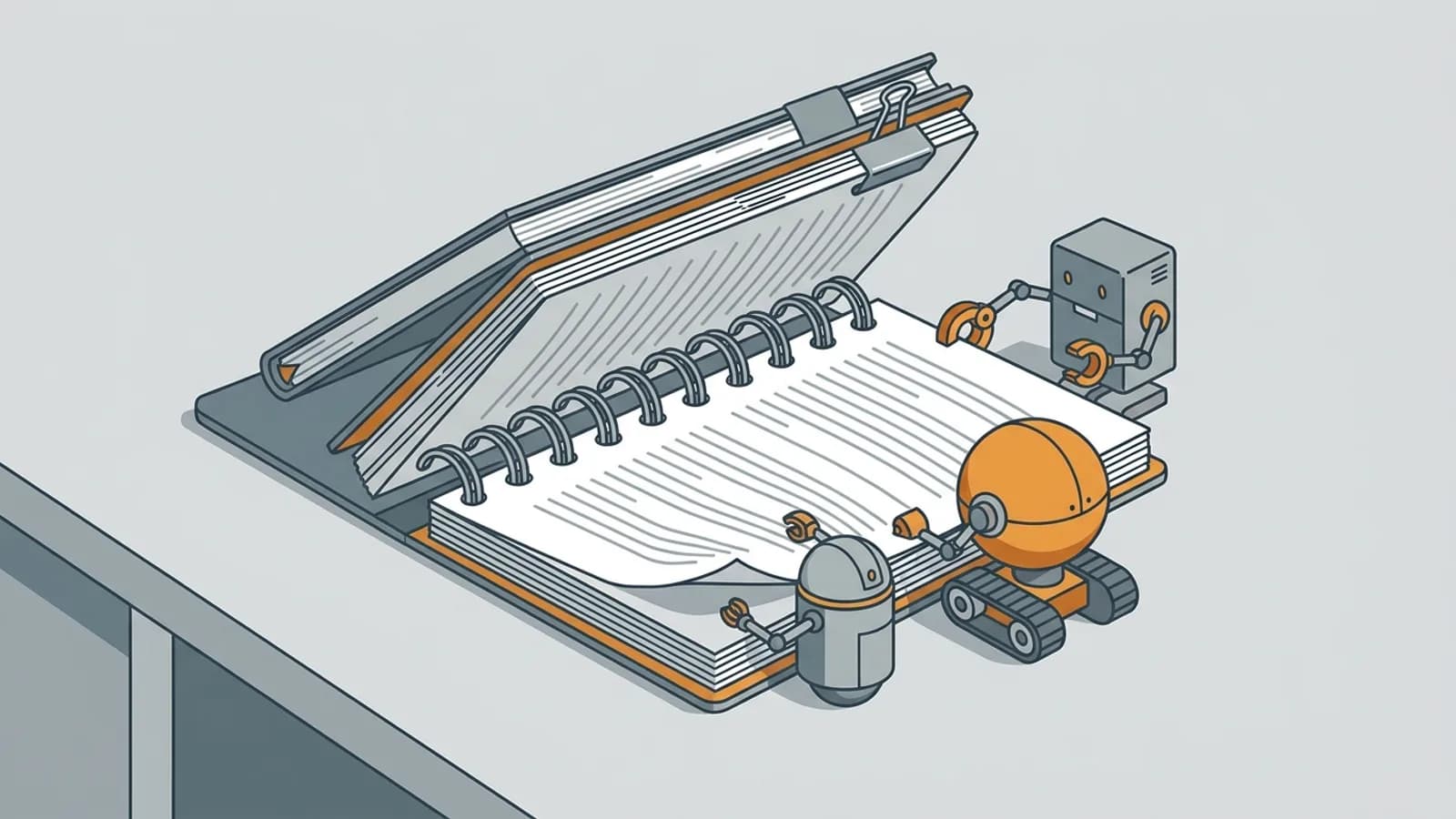 Three small robots of different shapes reading the same open notebook on a desk, with a thinner notebook clipped to it