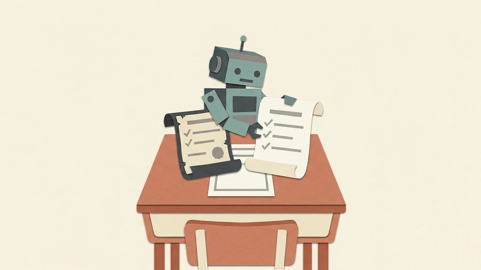 A robot at an exam desk holds an old certificate in one hand and a new one in the other