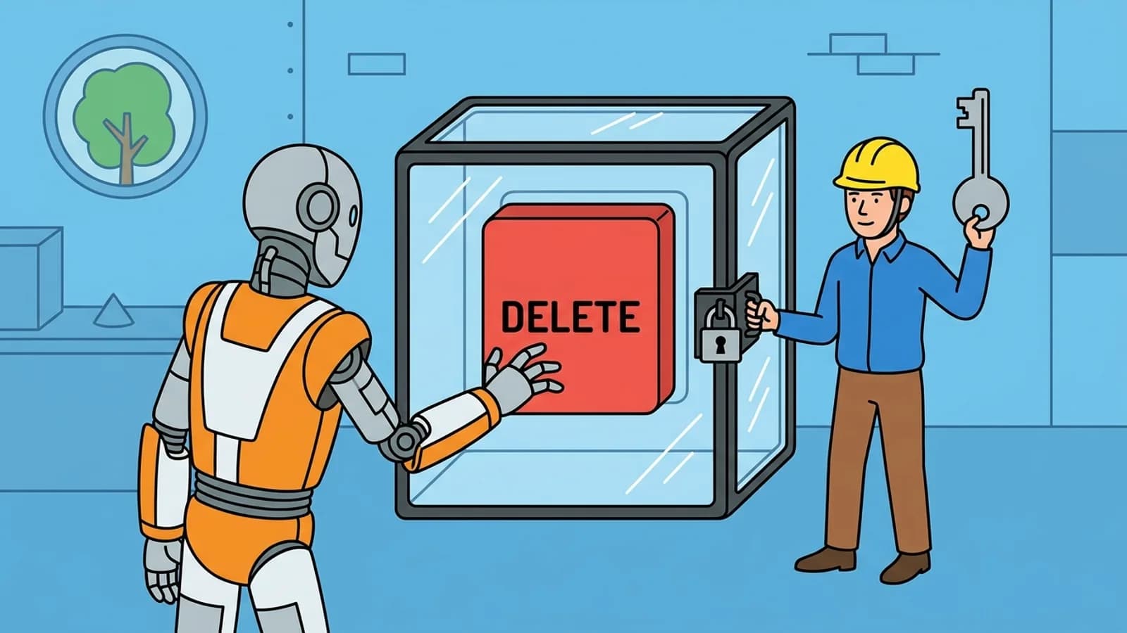 A robot reaches for a DELETE button under a locked glass cover while a person holds the key: an AI agent waiting for human approval