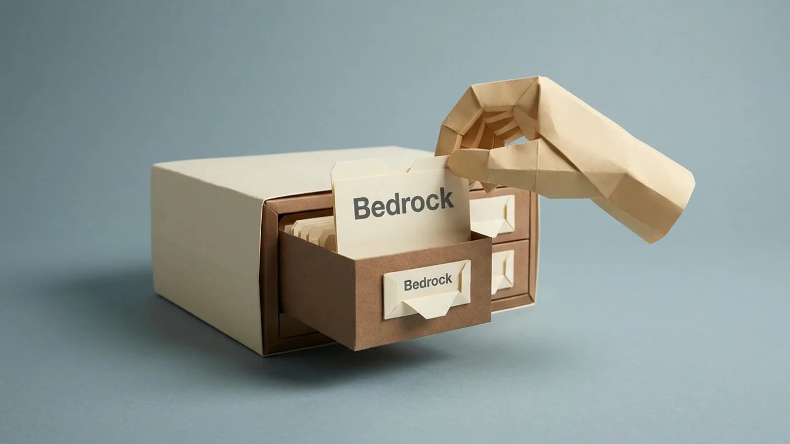 A paper card catalogue drawer labelled Bedrock, with a hand lifting one index card out