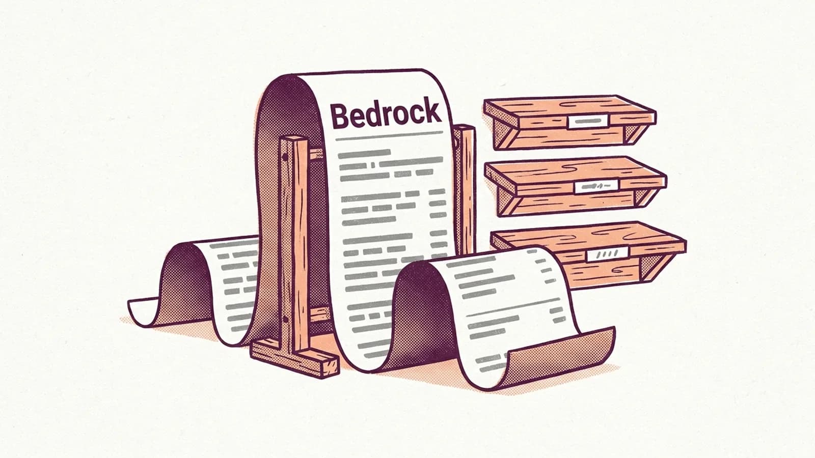 A long receipt headed Bedrock unrolling from a wooden stand beside three stacked shelves, the price tiers