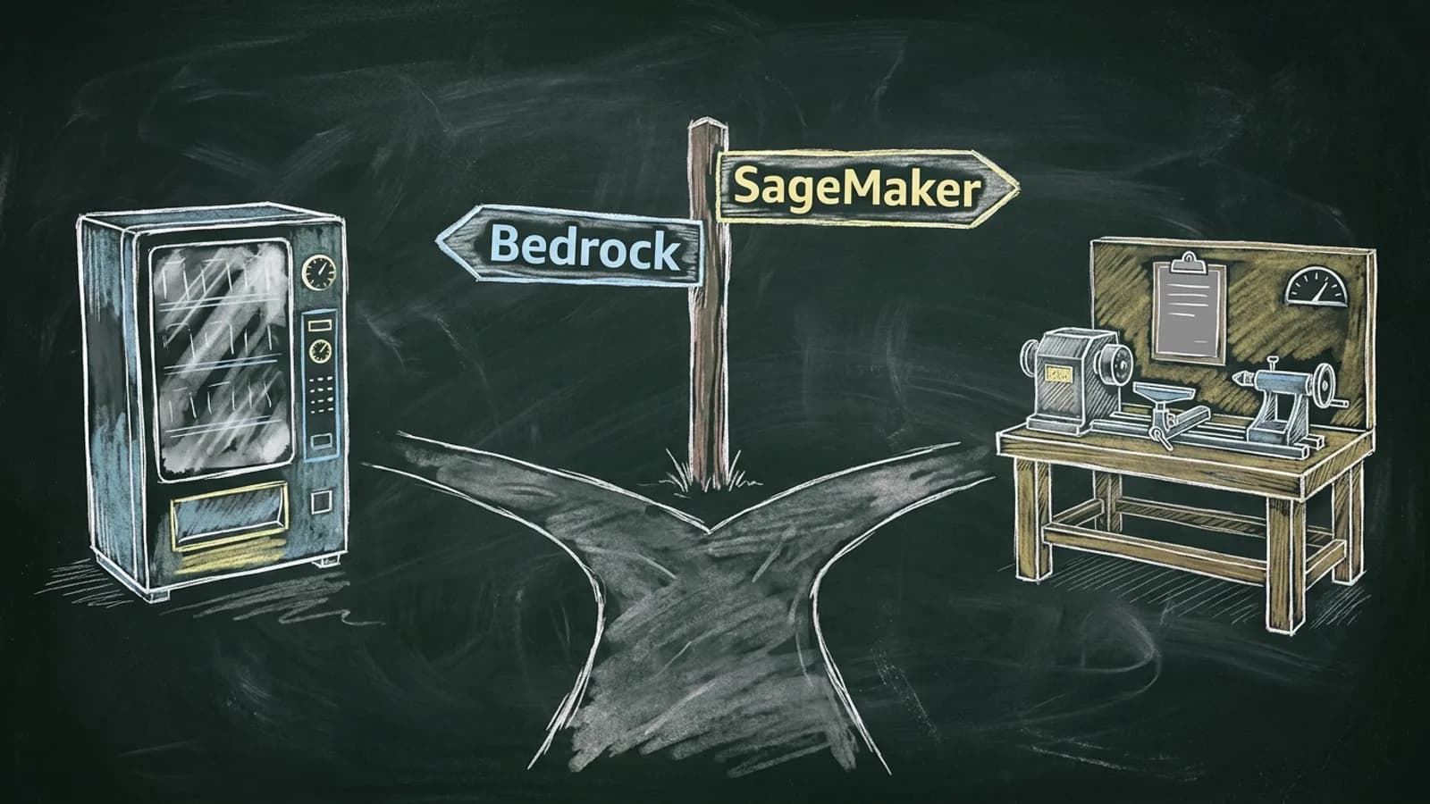 A forked path with a signpost: Bedrock points to a vending machine, SageMaker to a workbench with a lathe