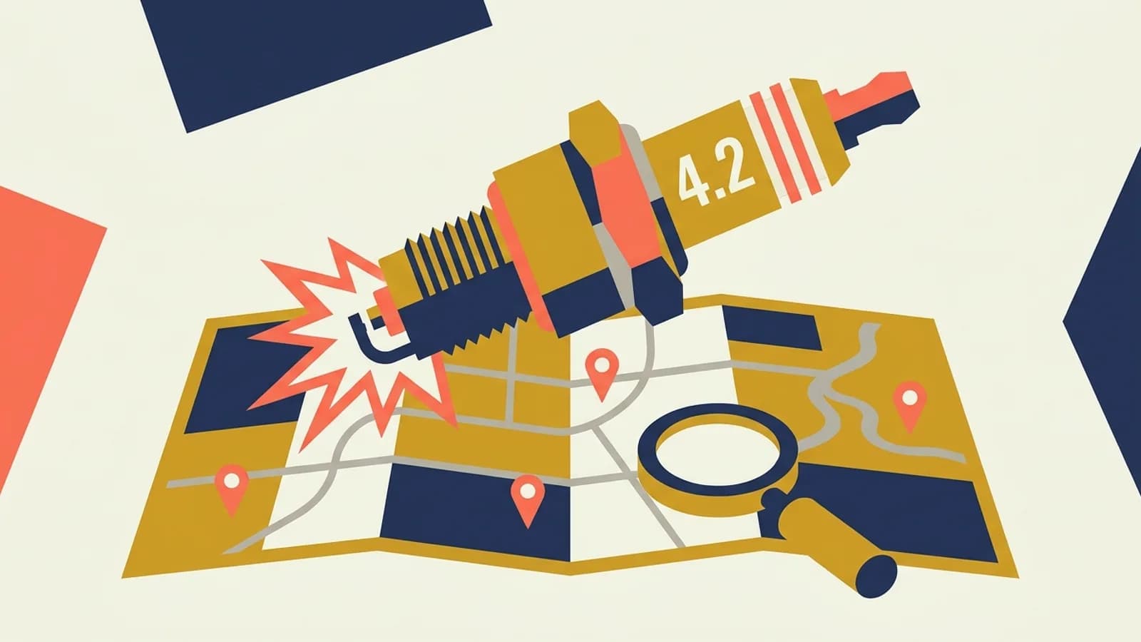 A spark plug marked 4.2 firing onto a map with location pins and a magnifying glass, for Apache Spark 4.2's new features