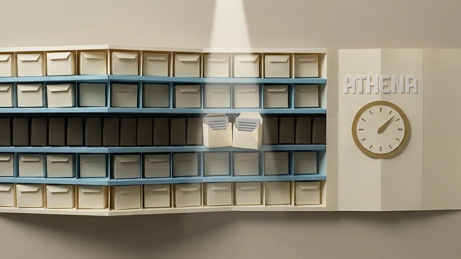 Paper archive shelves with a beam of light picking out 2 boxes beside a meter labelled Athena