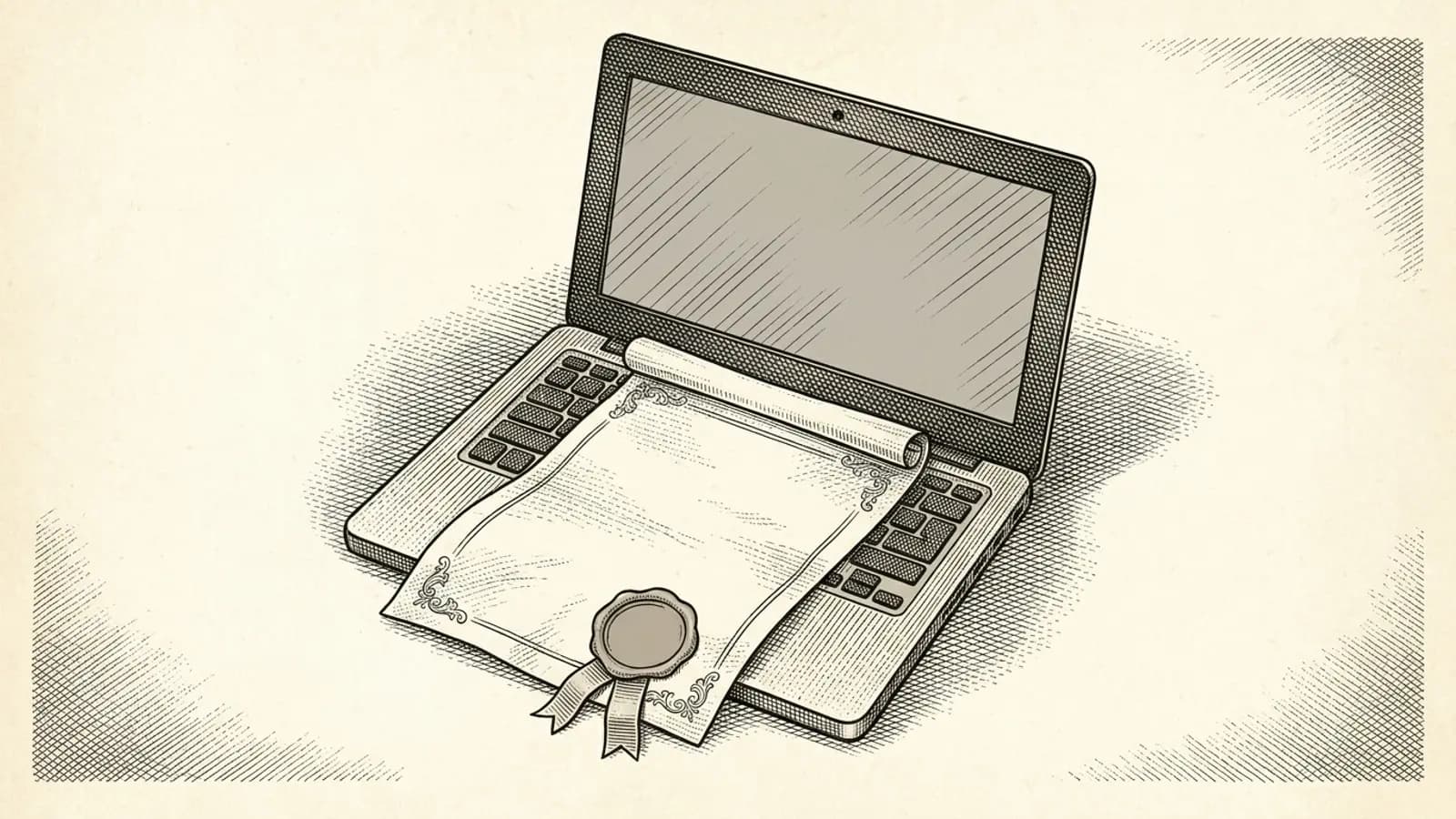 An engraved drawing of a certificate with a wax seal and ribbon lying across an open laptop keyboard